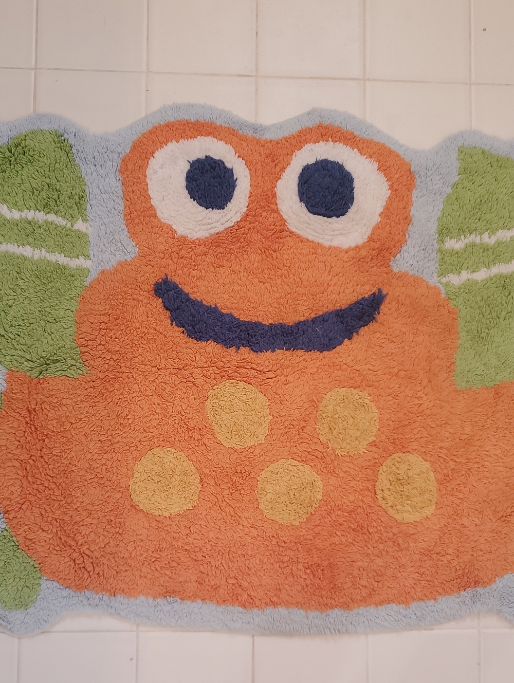 Orange Frog Plush Bath Rug with Blue Eyes and Yellow Spots
